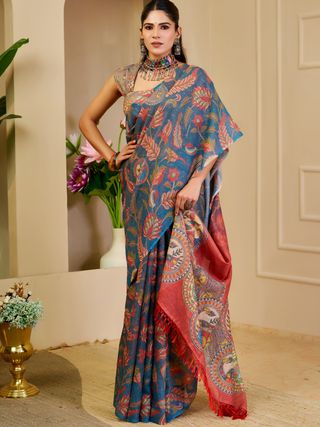 Blue Tissue Handloom Cotton Saree with Zari Floral Print