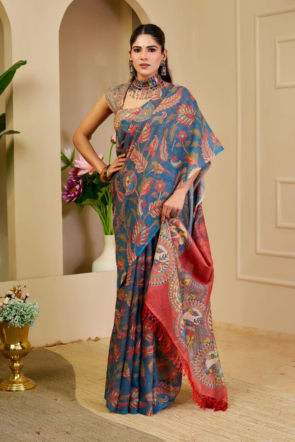 Blue Tissue Handloom Cotton Saree with Zari Floral Print