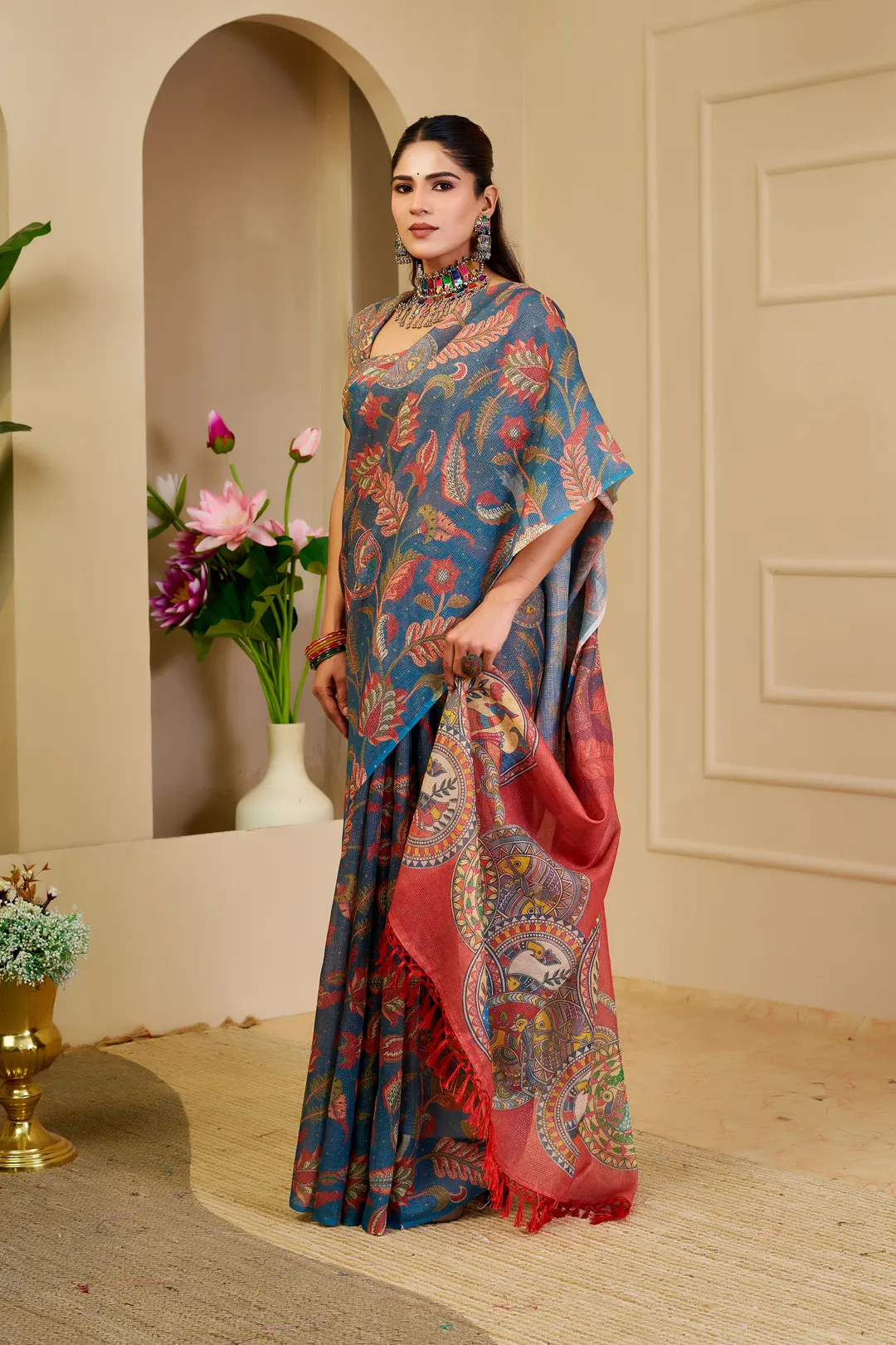 Blue Tissue Handloom Cotton Saree with Zari Floral Print