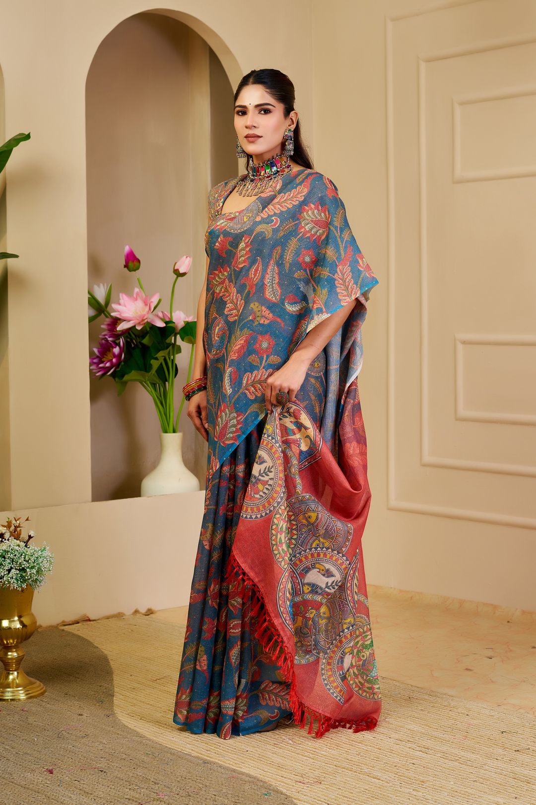 Blue Tissue Handloom Cotton Saree with Zari Floral Print
