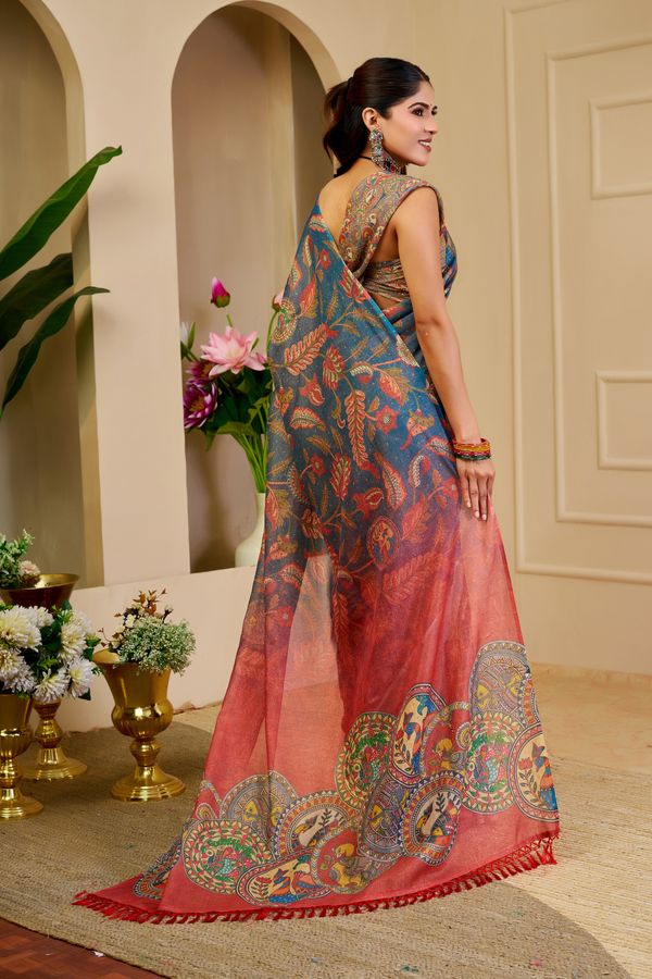 Blue Tissue Handloom Cotton Saree with Zari Floral Print