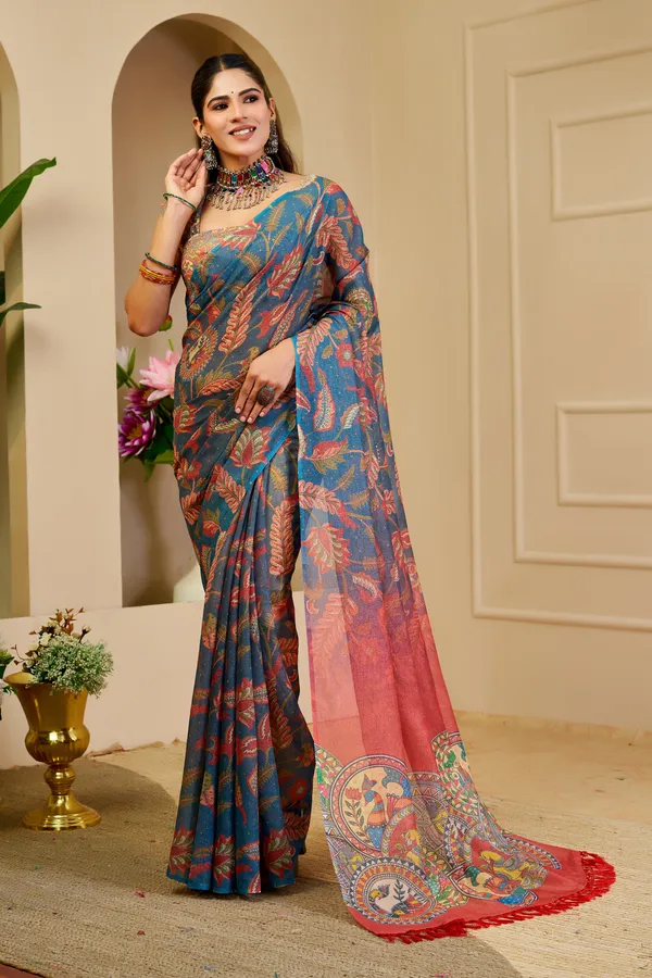 Blue Tissue Handloom Cotton Saree with Zari Floral Print