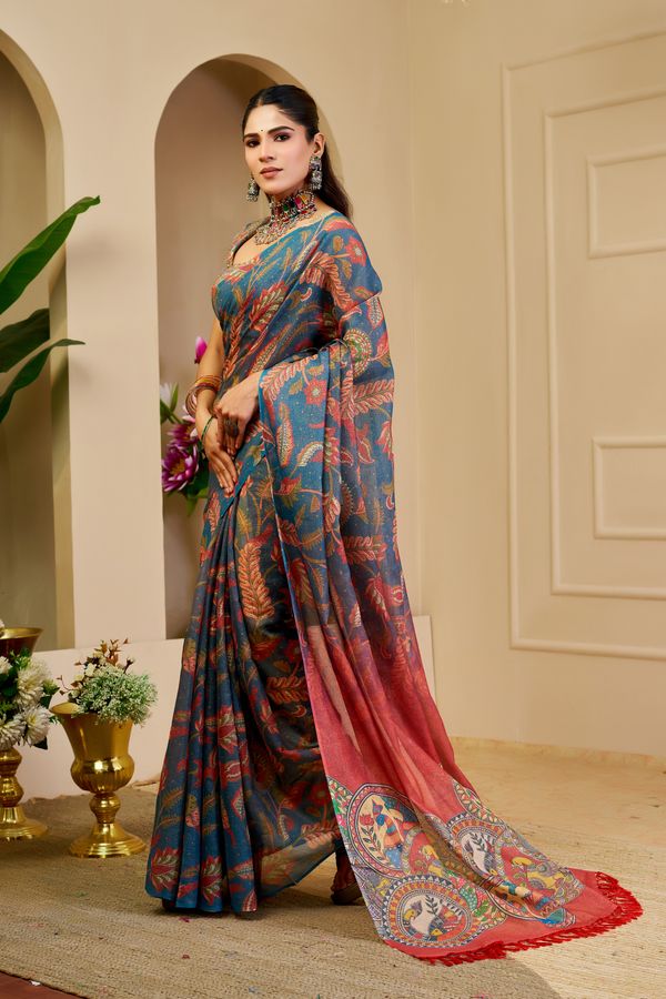 Blue Tissue Handloom Cotton Saree with Zari Floral Print