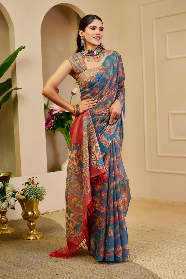 Blue Tissue Handloom Cotton Saree with Zari Floral Print