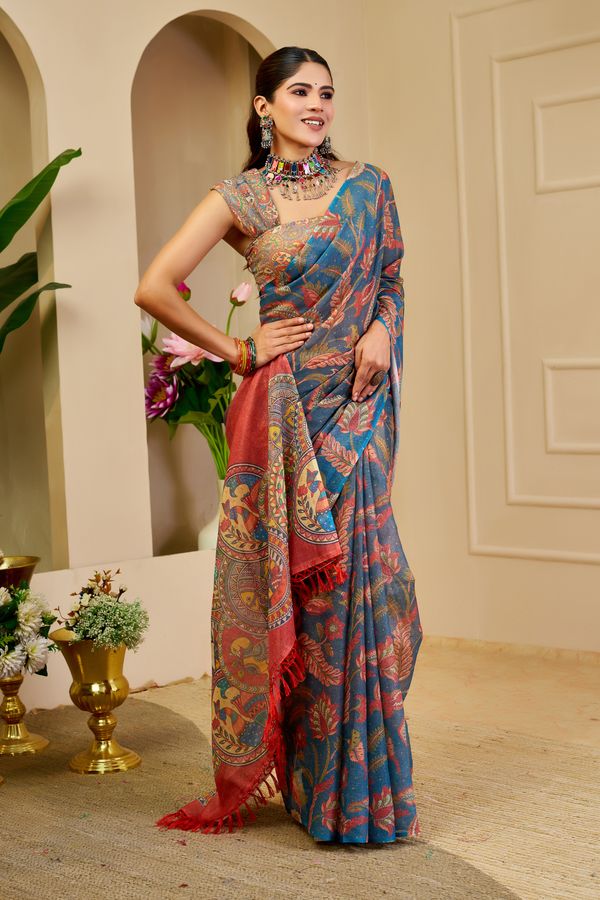 Blue Tissue Handloom Cotton Saree with Zari Floral Print