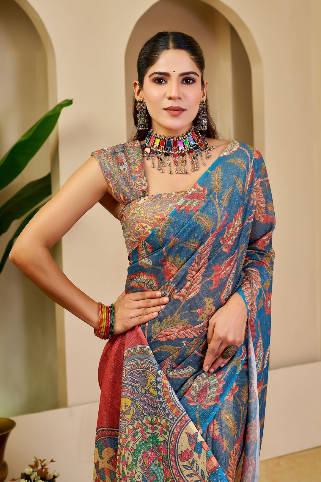 Blue Tissue Handloom Cotton Saree with Zari Floral Print