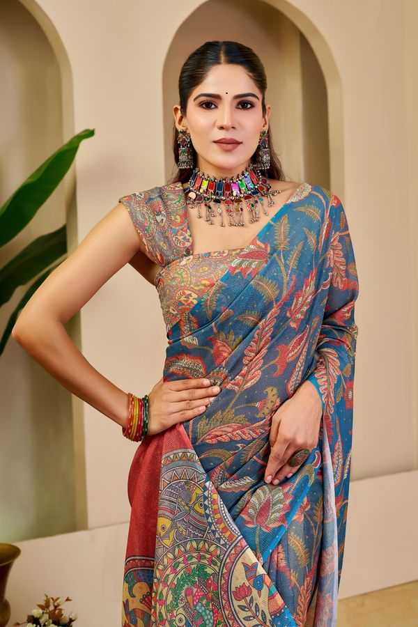 Blue Tissue Handloom Cotton Saree with Zari Floral Print