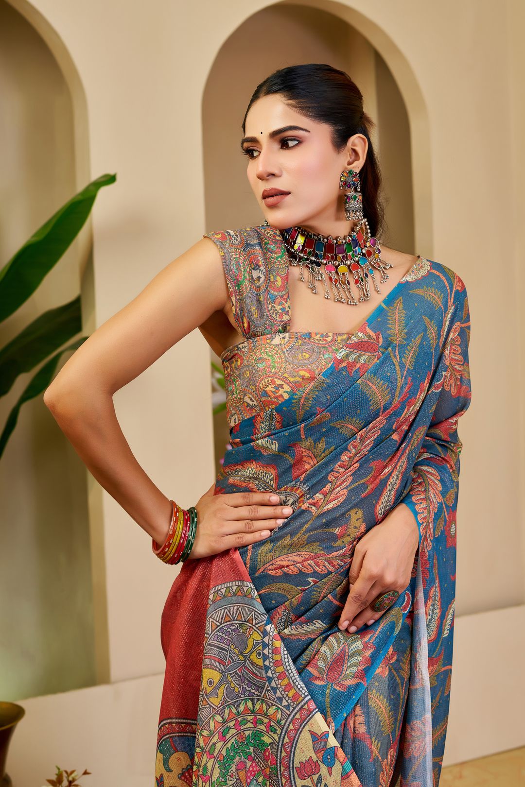 Blue Tissue Handloom Cotton Saree with Zari Floral Print