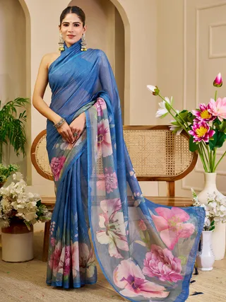 Blue Tissue Handloom Cotton Saree with Floral Digital Print & Zari