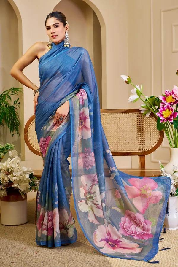 Blue Tissue Handloom Cotton Saree with Floral Digital Print & Zari