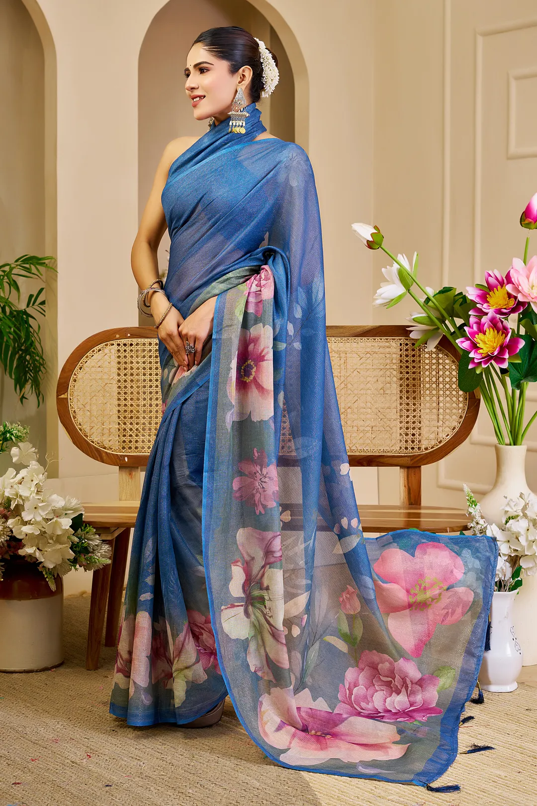 Blue Tissue Handloom Cotton Saree with Floral Digital Print & Zari