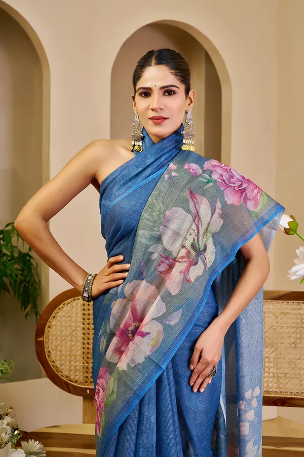 Blue Tissue Handloom Cotton Saree with Floral Digital Print & Zari