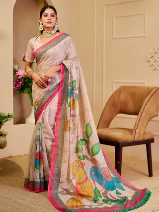 Cream Floral Tissue Handloom Cotton Saree with Zari Weaving