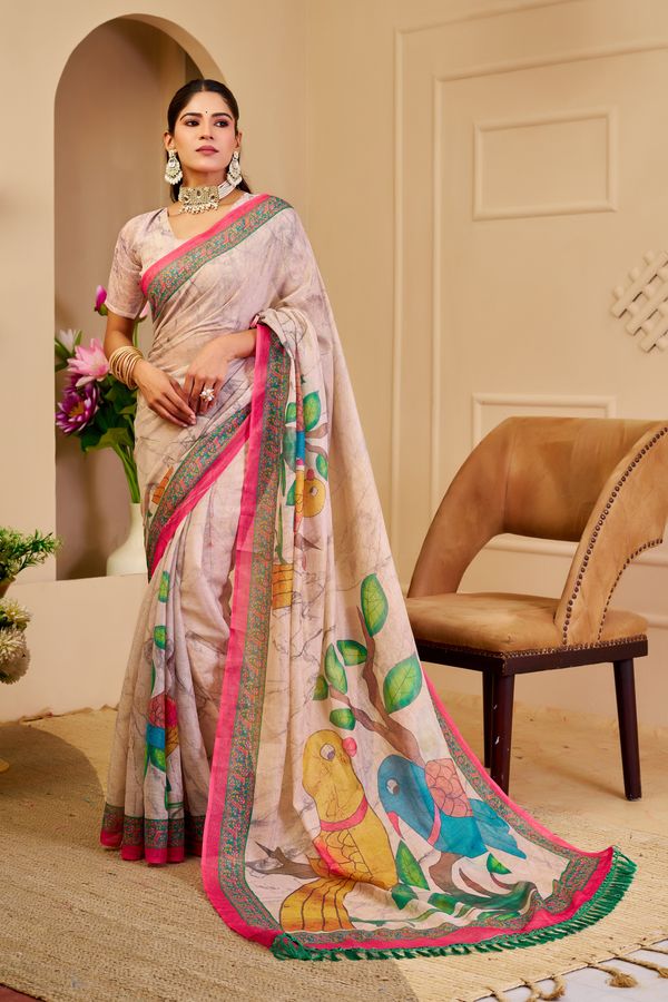 Cream Floral Tissue Handloom Cotton Saree with Zari Weaving
