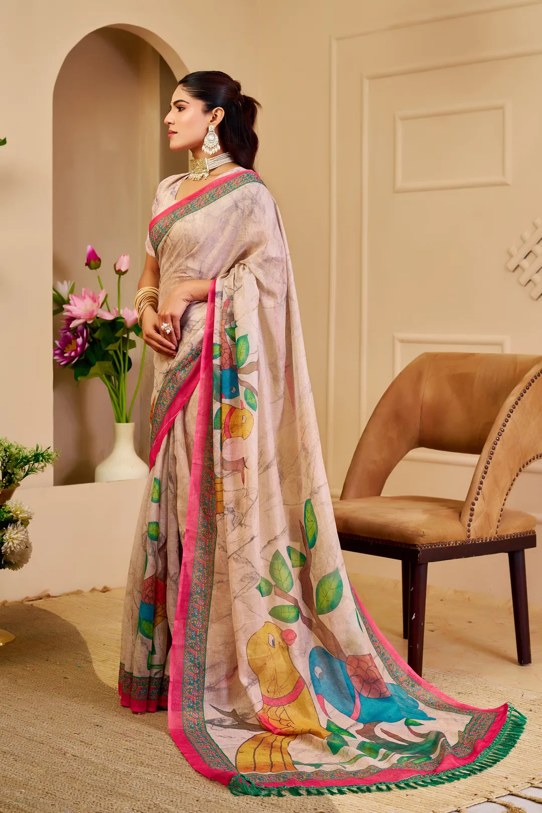 Cream Floral Tissue Handloom Cotton Saree with Zari Weaving