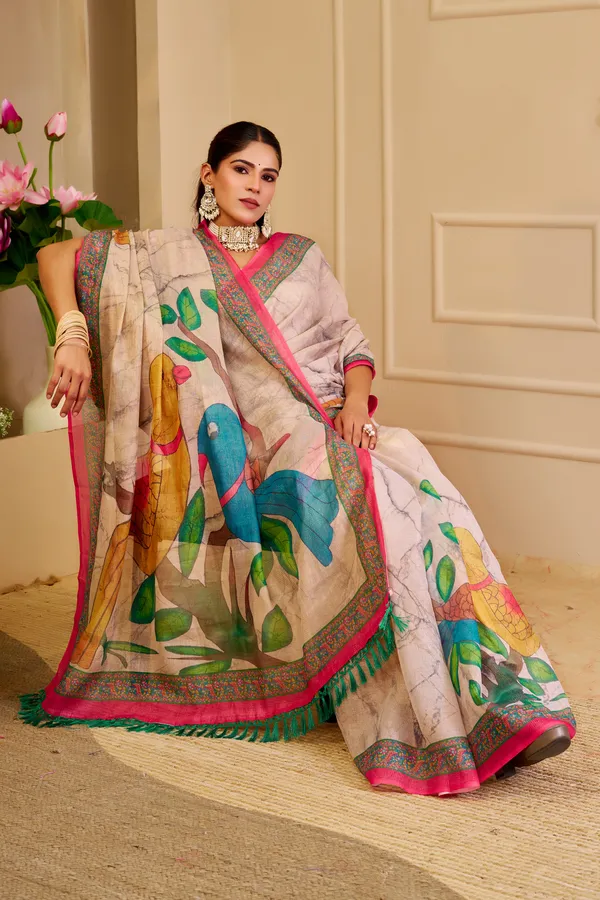 Cream Floral Tissue Handloom Cotton Saree with Zari Weaving
