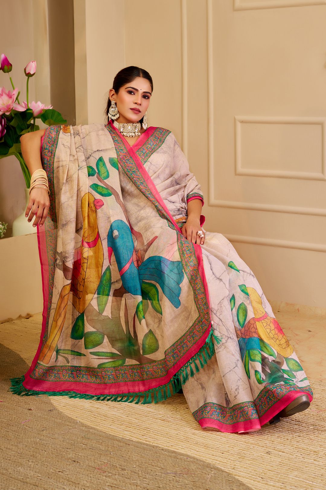 Cream Floral Tissue Handloom Cotton Saree with Zari Weaving