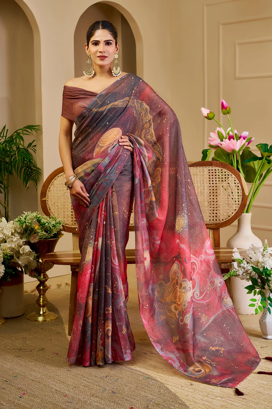 Wine Tissue Handloom Cotton Saree with Zari & Floral Prints