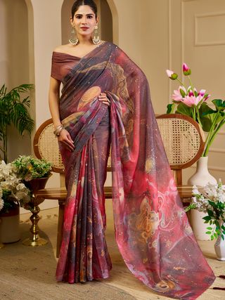 Wine Tissue Handloom Cotton Saree with Zari & Floral Prints