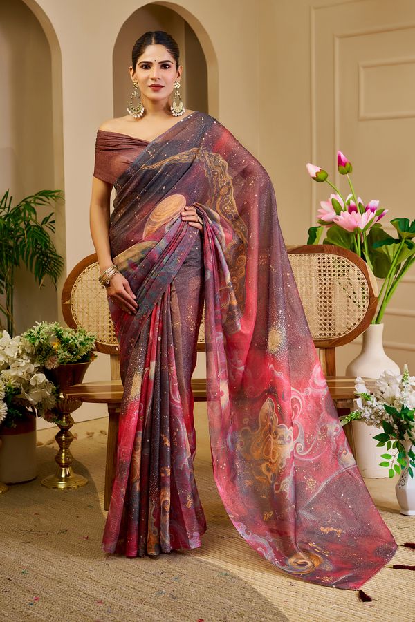 Wine Tissue Handloom Cotton Saree with Zari & Floral Prints