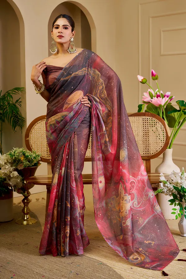 Wine Tissue Handloom Cotton Saree with Zari & Floral Prints