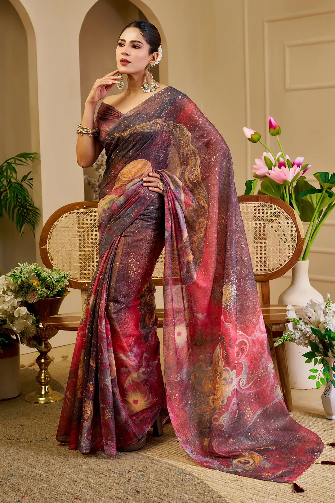 Wine Tissue Handloom Cotton Saree with Zari & Floral Prints