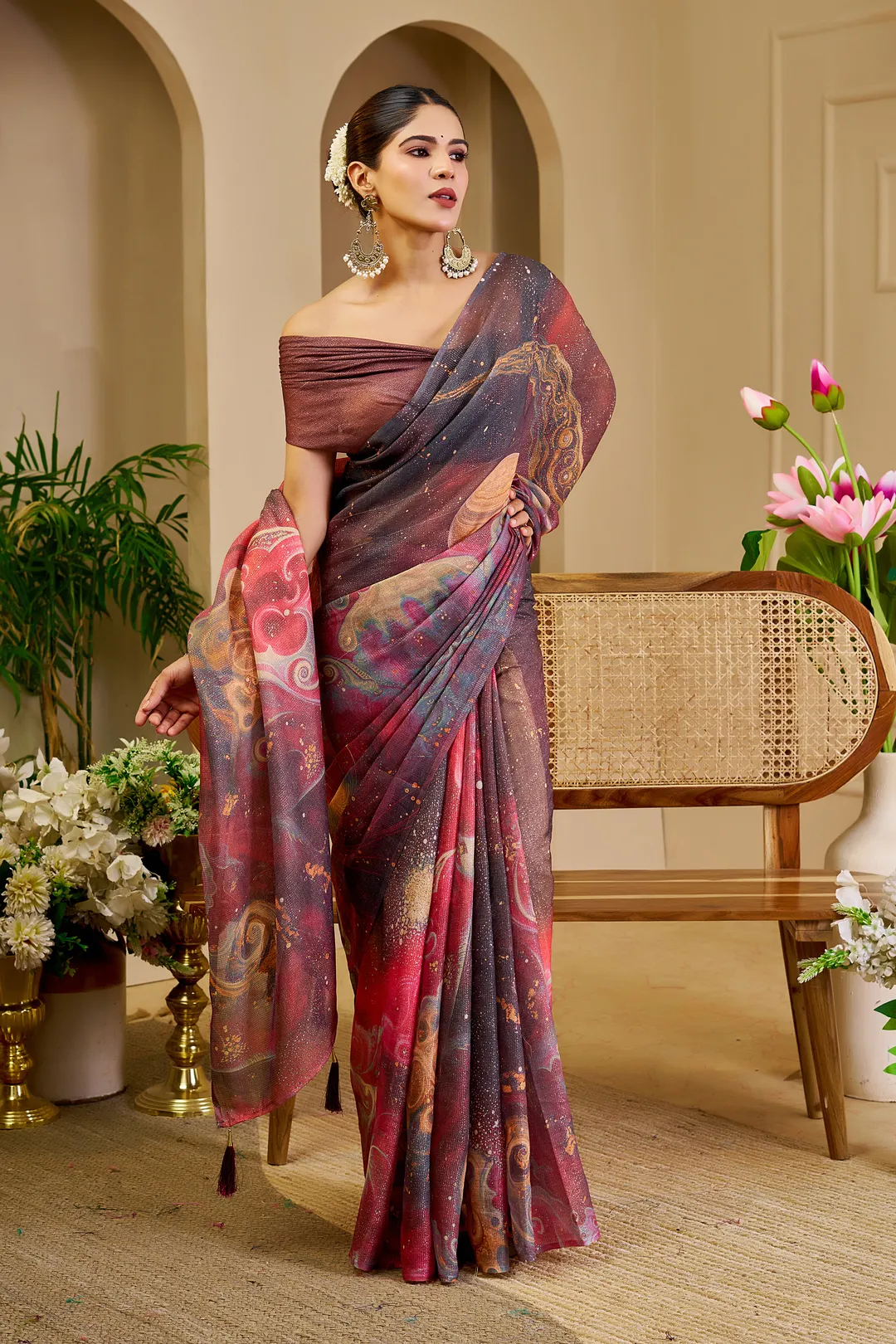 Wine Tissue Handloom Cotton Saree with Zari & Floral Prints