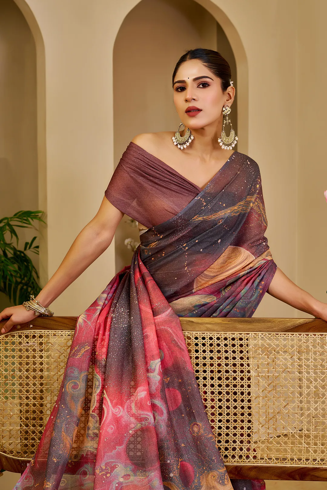 Wine Tissue Handloom Cotton Saree with Zari & Floral Prints