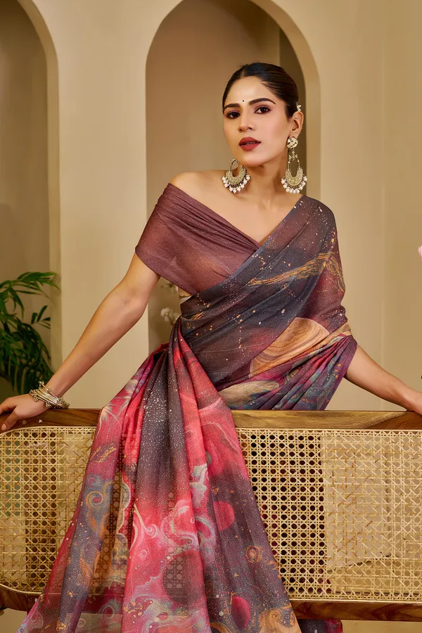 Wine Tissue Handloom Cotton Saree with Zari & Floral Prints