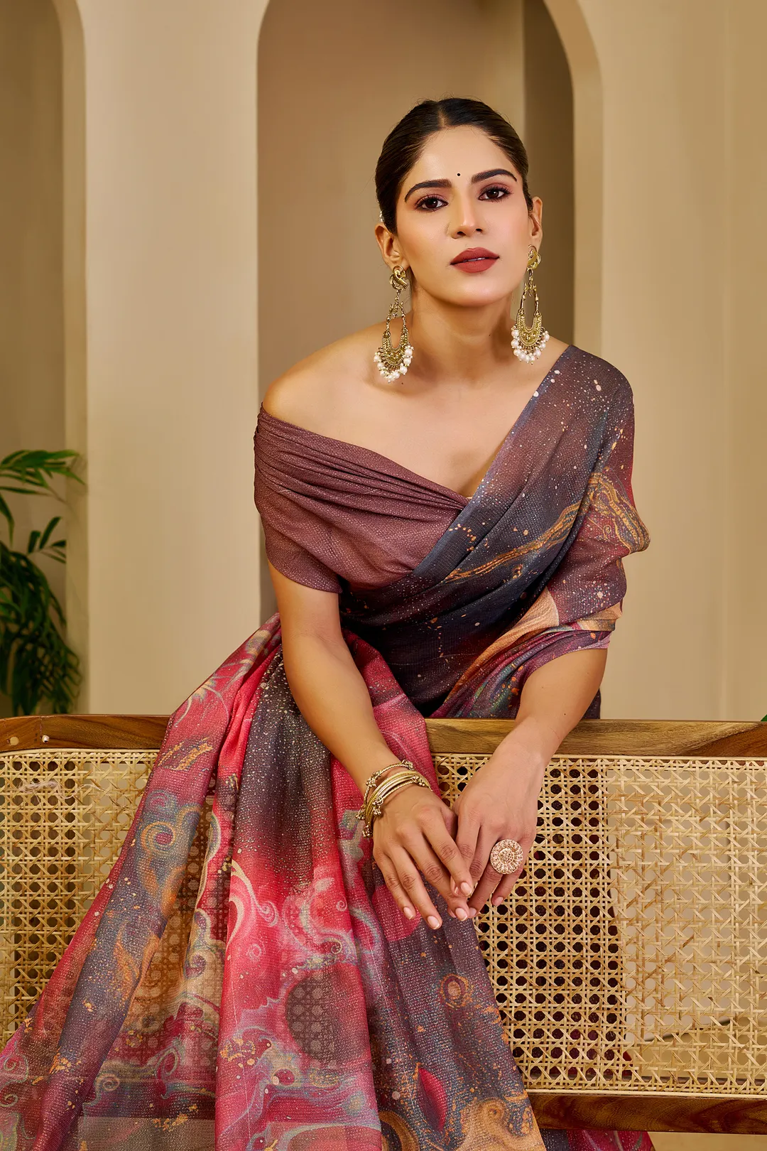 Wine Tissue Handloom Cotton Saree with Zari & Floral Prints