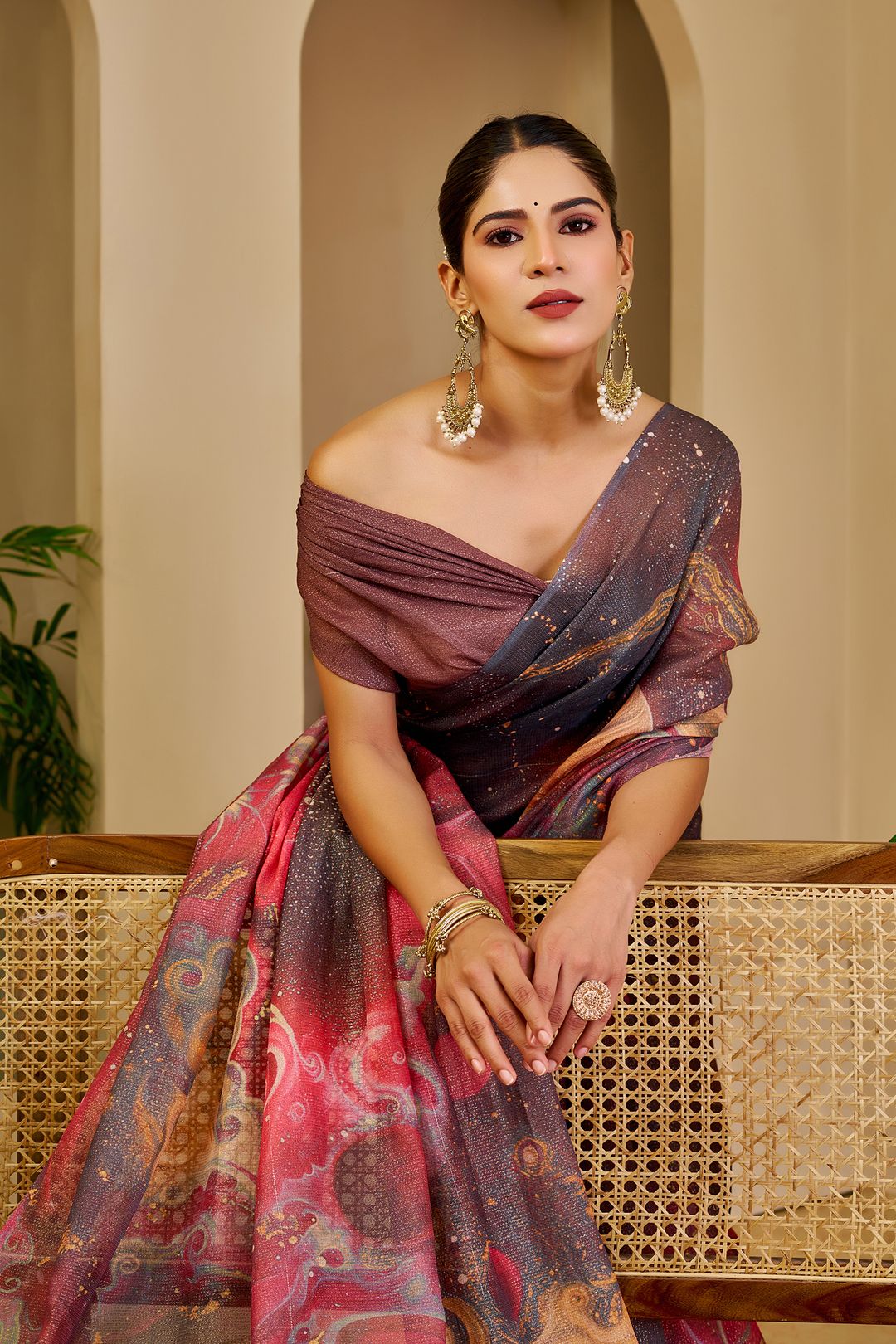 Wine Tissue Handloom Cotton Saree with Zari & Floral Prints
