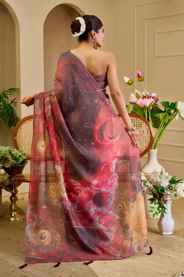 Wine Tissue Handloom Cotton Saree with Zari & Floral Prints