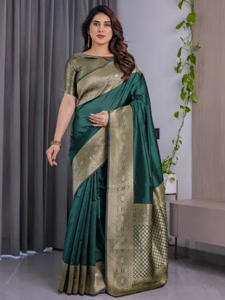 Emerald Green Banarasi Soft Silk Saree with Zari Border