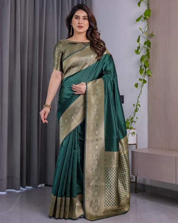 Emerald Green Banarasi Soft Silk Saree with Zari Border