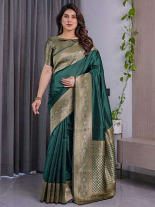 Emerald Green Banarasi Soft Silk Saree with Zari Border