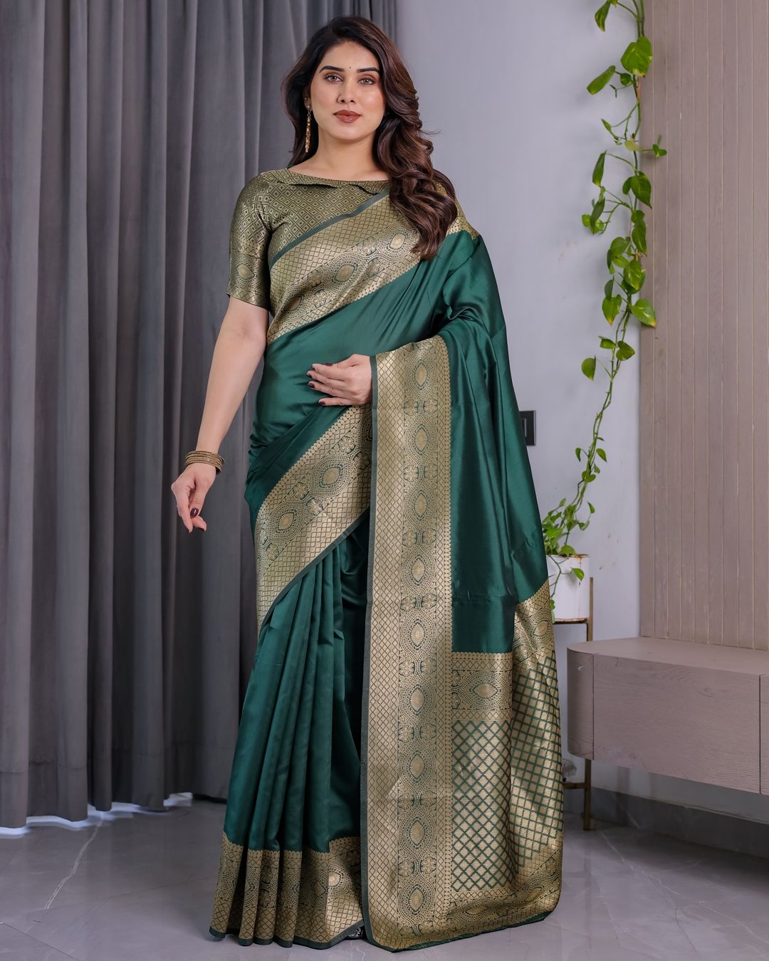 Emerald Green Banarasi Soft Silk Saree with Zari Border