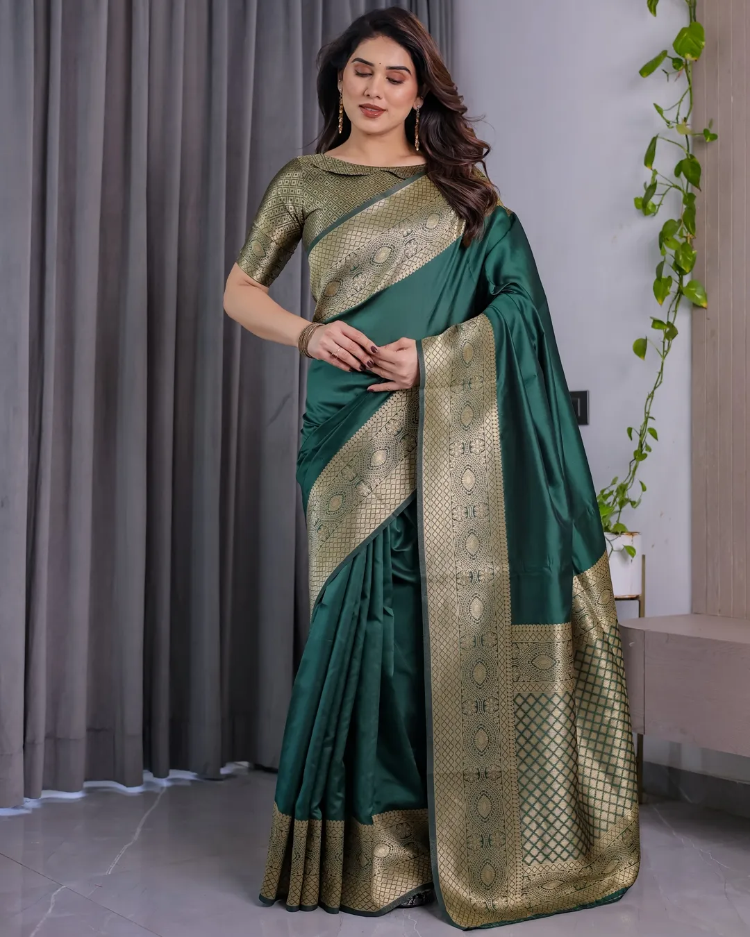 Emerald Green Banarasi Soft Silk Saree with Zari Border