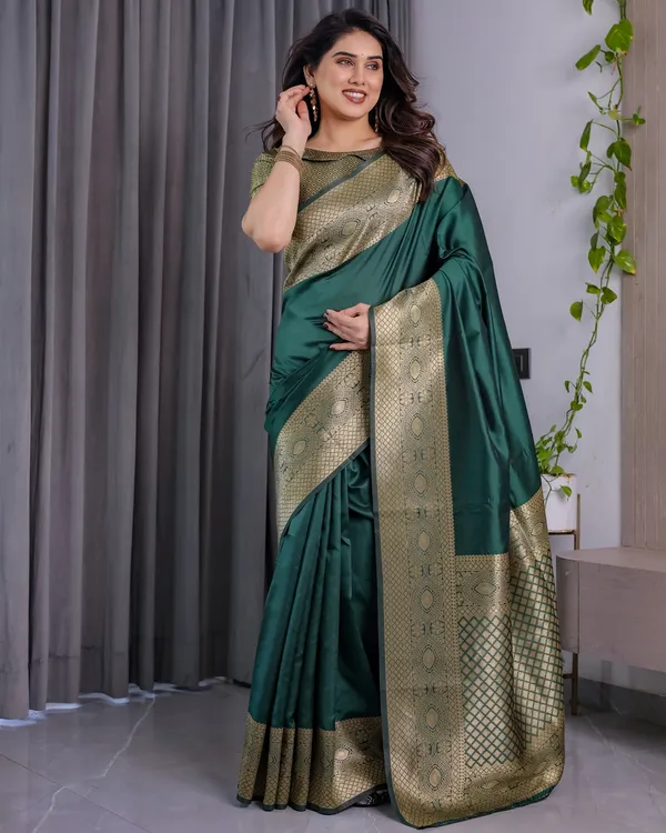 Emerald Green Banarasi Soft Silk Saree with Zari Border