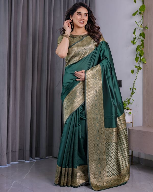 Emerald Green Banarasi Soft Silk Saree with Zari Border