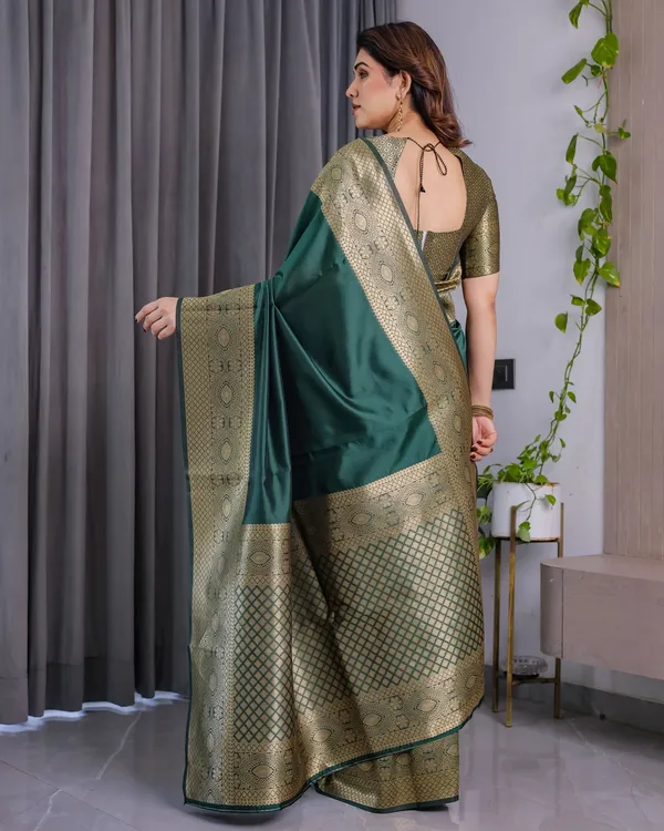 Emerald Green Banarasi Soft Silk Saree with Zari Border