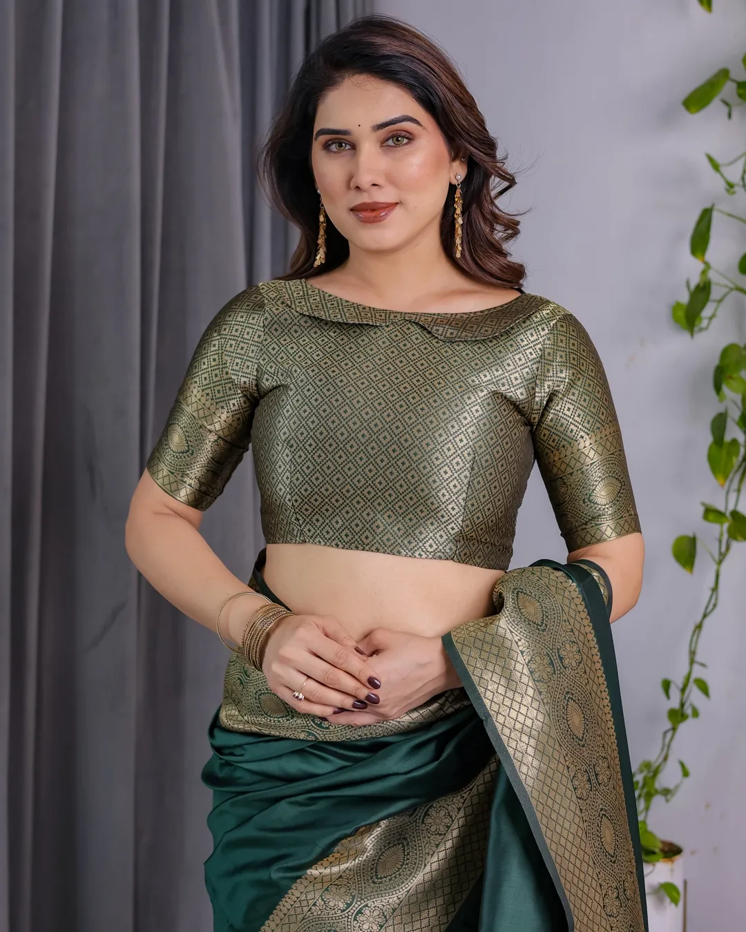 Emerald Green Banarasi Soft Silk Saree with Zari Border