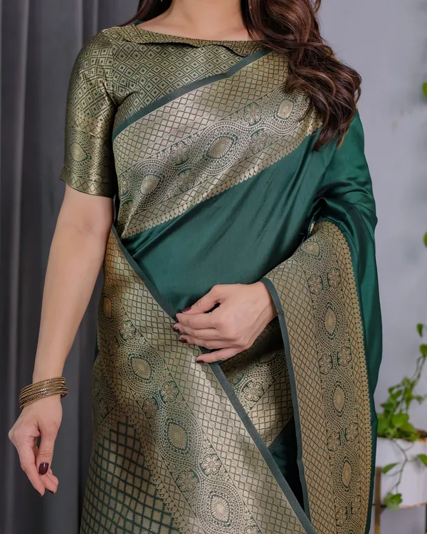 Emerald Green Banarasi Soft Silk Saree with Zari Border