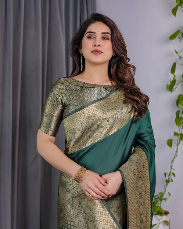 Emerald Green Banarasi Soft Silk Saree with Zari Border