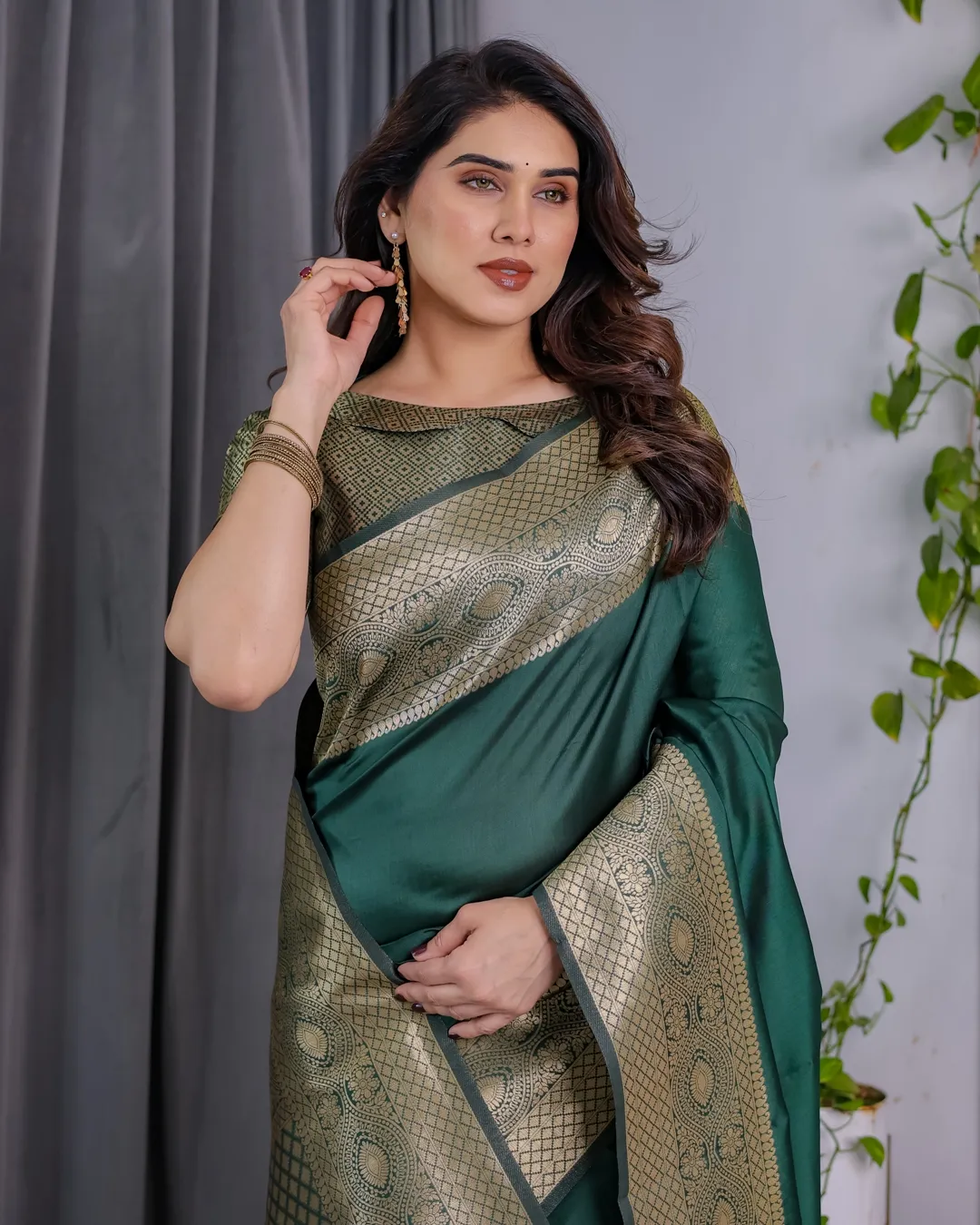 Emerald Green Banarasi Soft Silk Saree with Zari Border