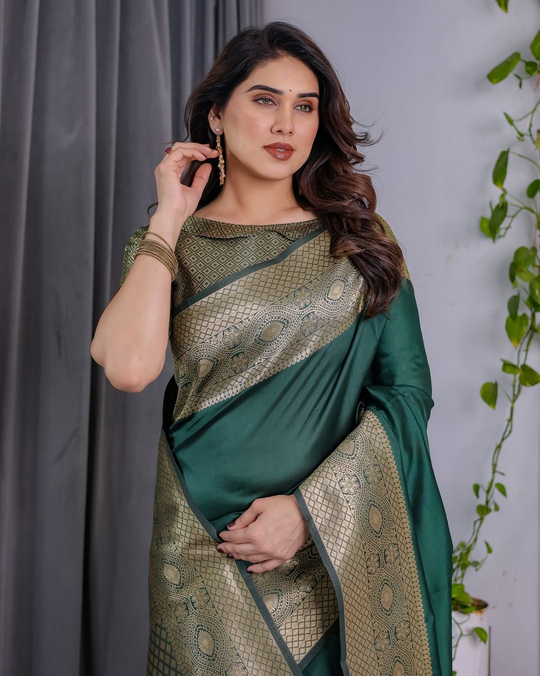 Emerald Green Banarasi Soft Silk Saree with Zari Border