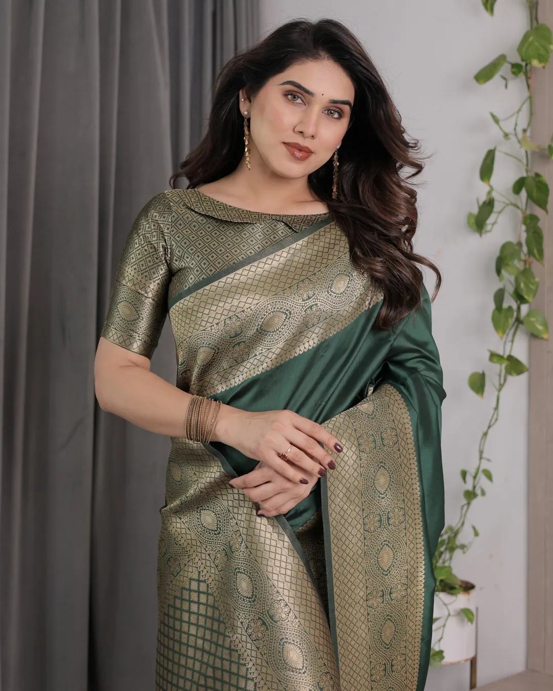 Emerald Green Banarasi Soft Silk Saree with Zari Border