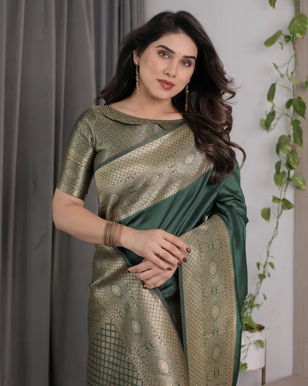 Emerald Green Banarasi Soft Silk Saree with Zari Border