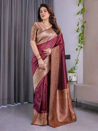 Maroon Banarasi Soft Silk Saree with Zari Border Online