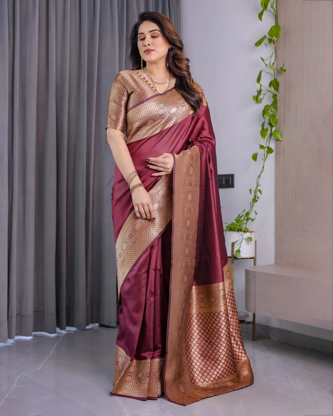 Maroon Banarasi Soft Silk Saree with Zari Border Online