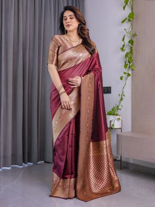 Maroon Banarasi Soft Silk Saree with Zari Border Online
